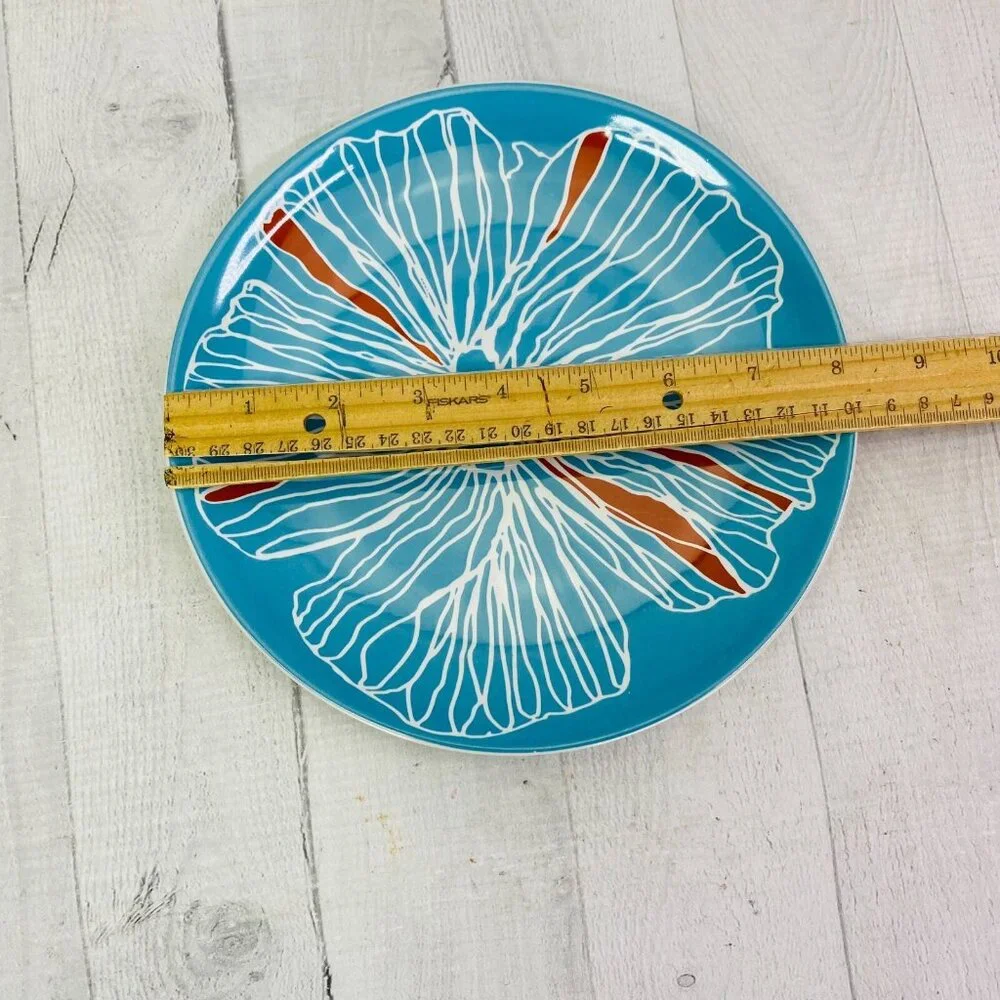 Ikea BULLRA 15199 Turquoise Red Floral Round Stoneware Lunch Salad Plates Set 6